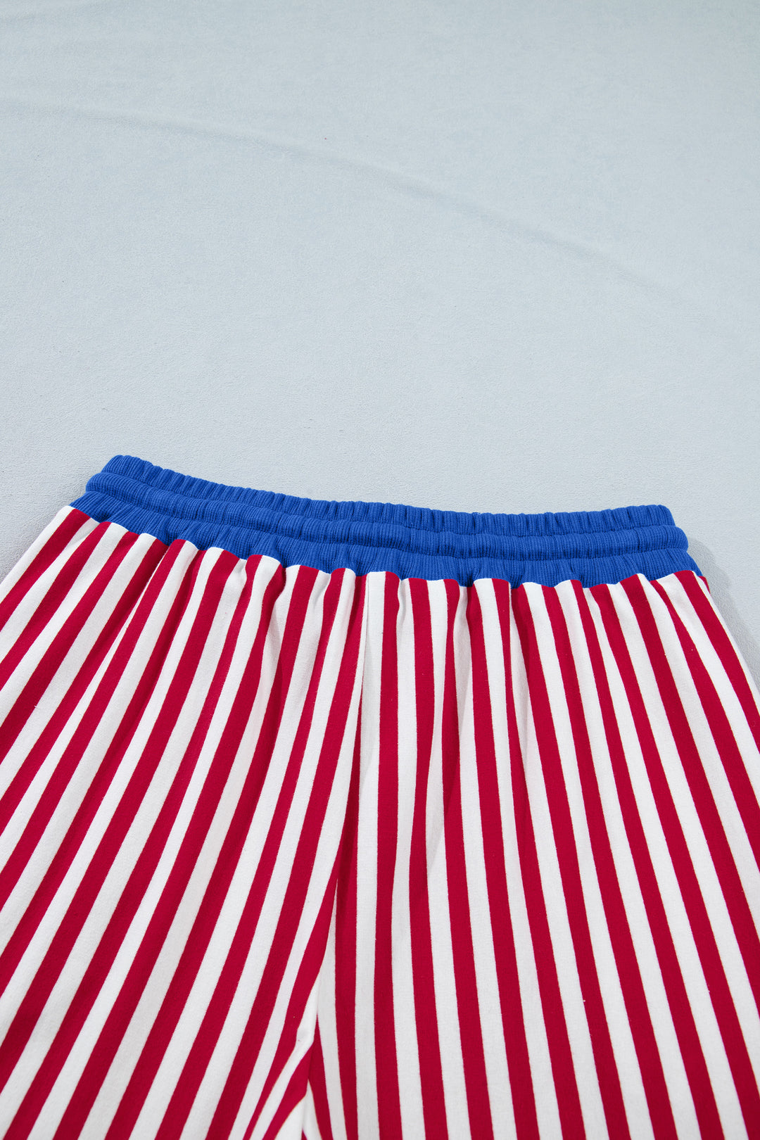 Red Stripe Colorblock Trim V Neck Tee Drawstring Elastic Waist Short Set