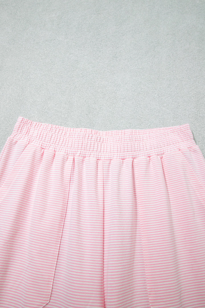 Pink Stripe Color Block Trim Mock Neck Pullover Drawstring Pants Casual Outfit