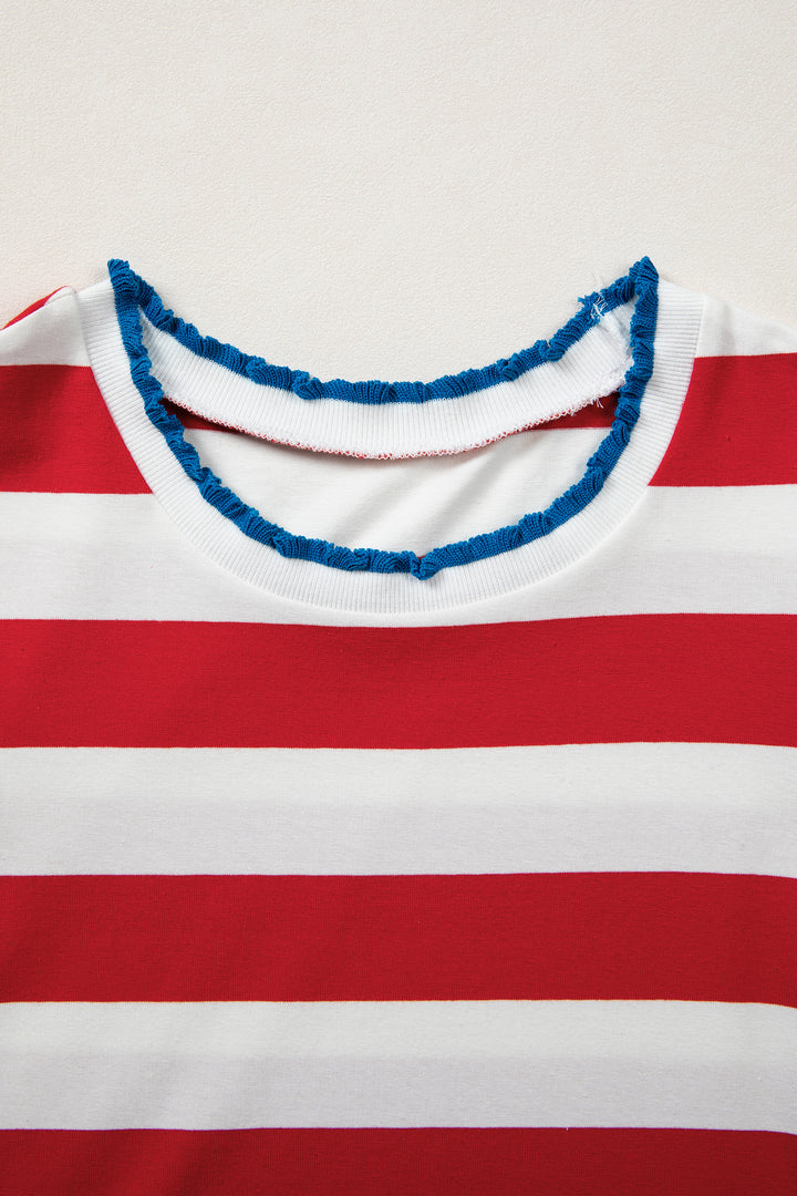Red Stripe Contrast Trim Round Neck Short Puff Sleeve Shift Mini Dress