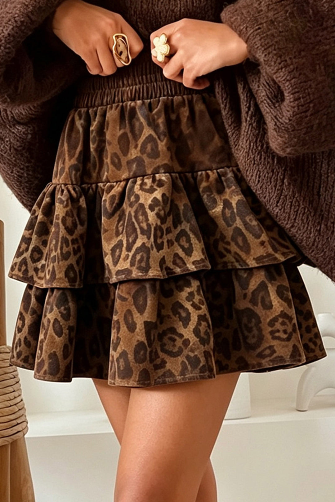 Brown Leopard Print Tiered Elastic Waist Mini Skirt
