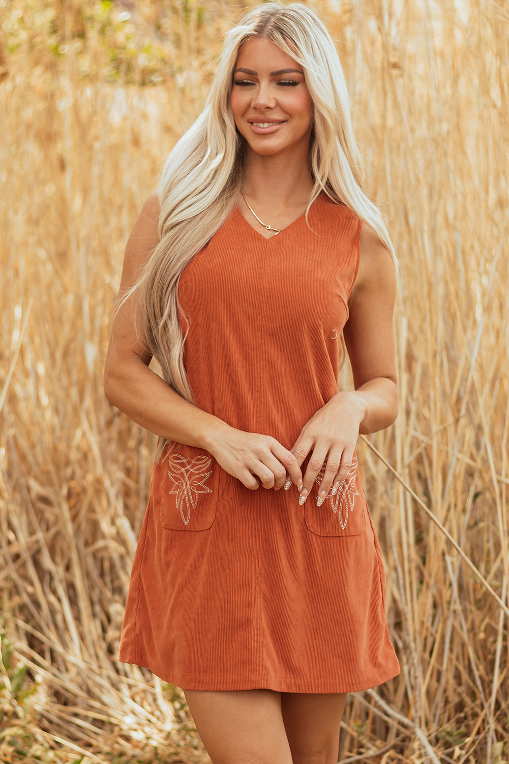 Corduroy Western Embroidered Patched Pocket Shift Sleeveless Mini Dress