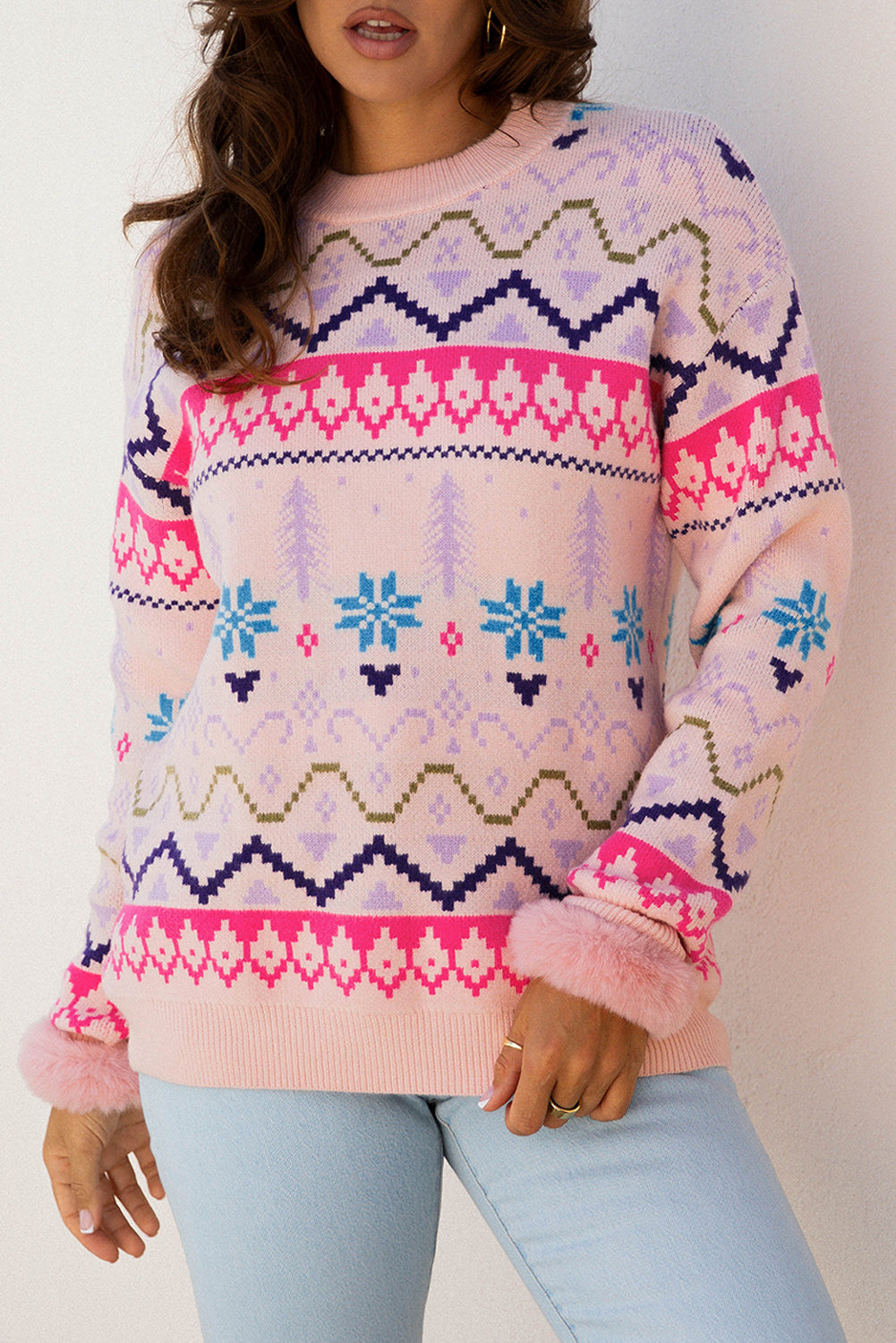 Ethnic Christmas Pattern Knit Feather Cuffed Sweater