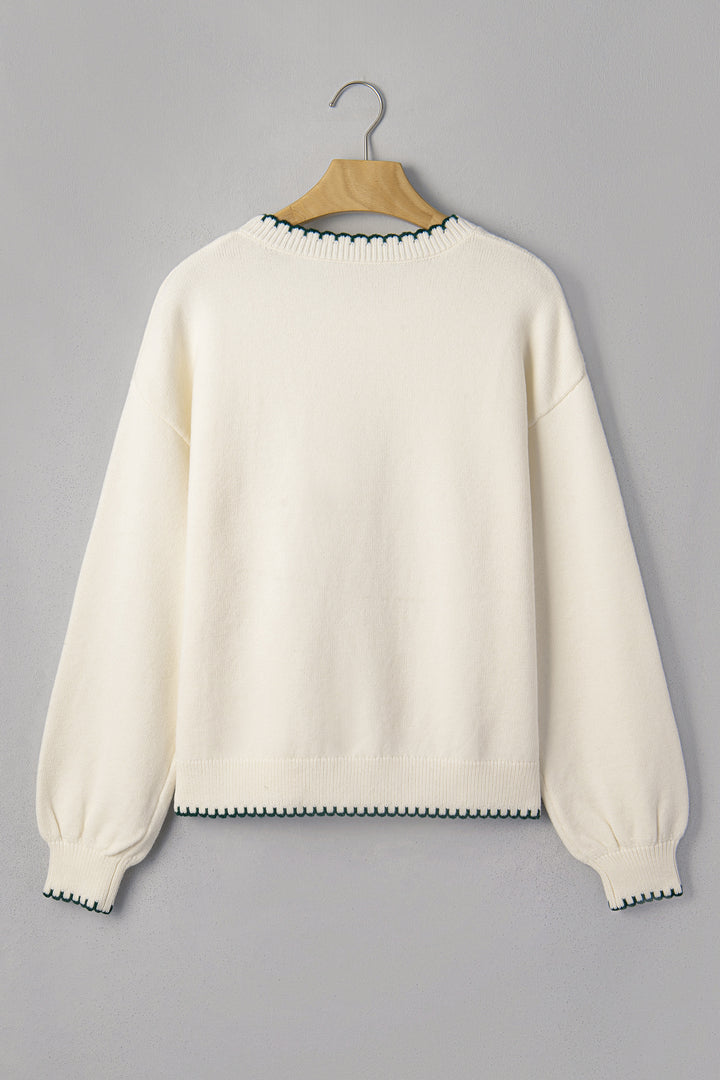 Beige Stitched Detail Christmas Tree Holiday Casual Sweater