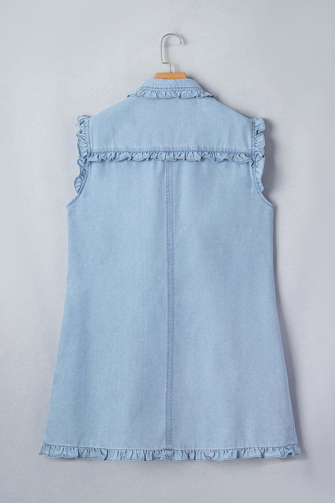Chic Beau Blue Ruffled Edge Collared Shift Denim Dress with Pockets