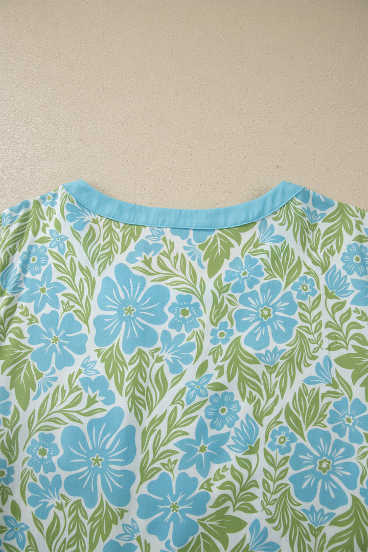 Sky Blue Floral Print Ruffled Color Block Trim Half Sleeve Blouse