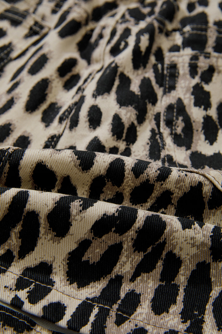 Brown Retro Leopard Print Lace-up Elastic Waistband Mid Rise Denim Shorts