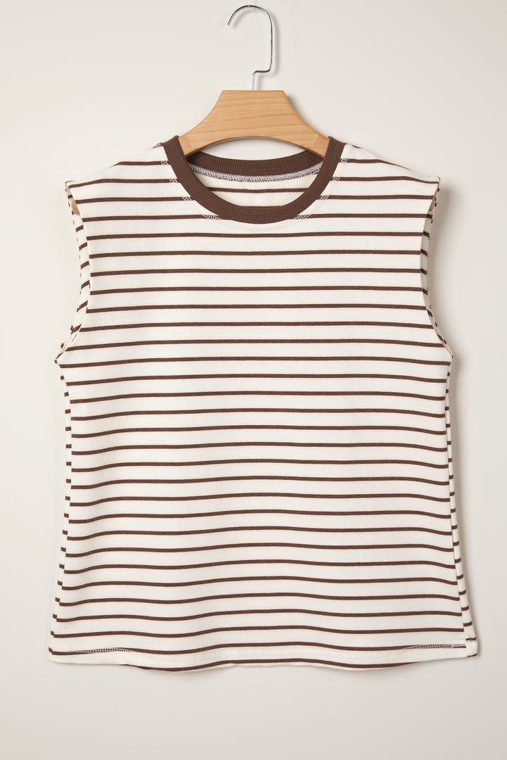 Brown Stripe Ribbed Round Neck Trim Loose Tank Top