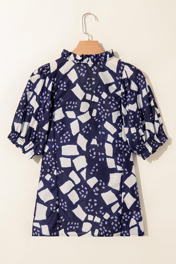 Abstract Print Frilled Puff Sleeve V Neck Blouse