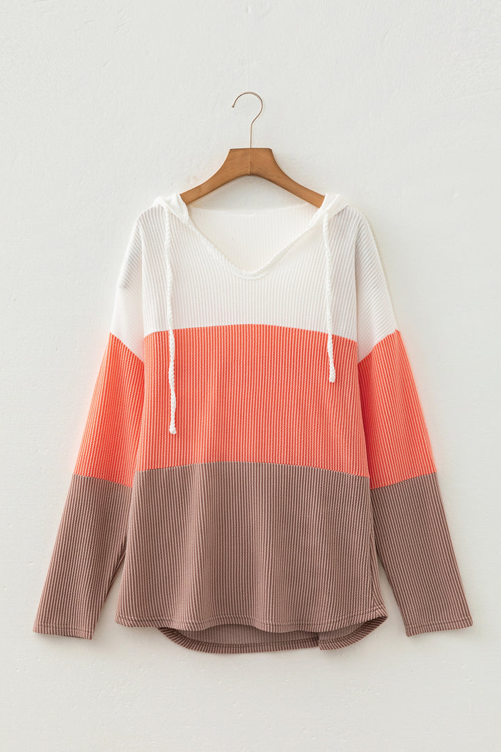 Gold Flame Ribbed Colorblock Hooded Pullover Long Sleeve Top