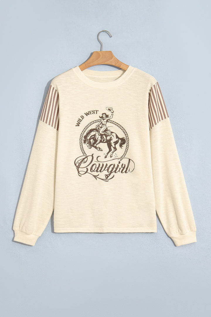 Jet Stream Western Print Striped Detail Long Sleeve Casual Top