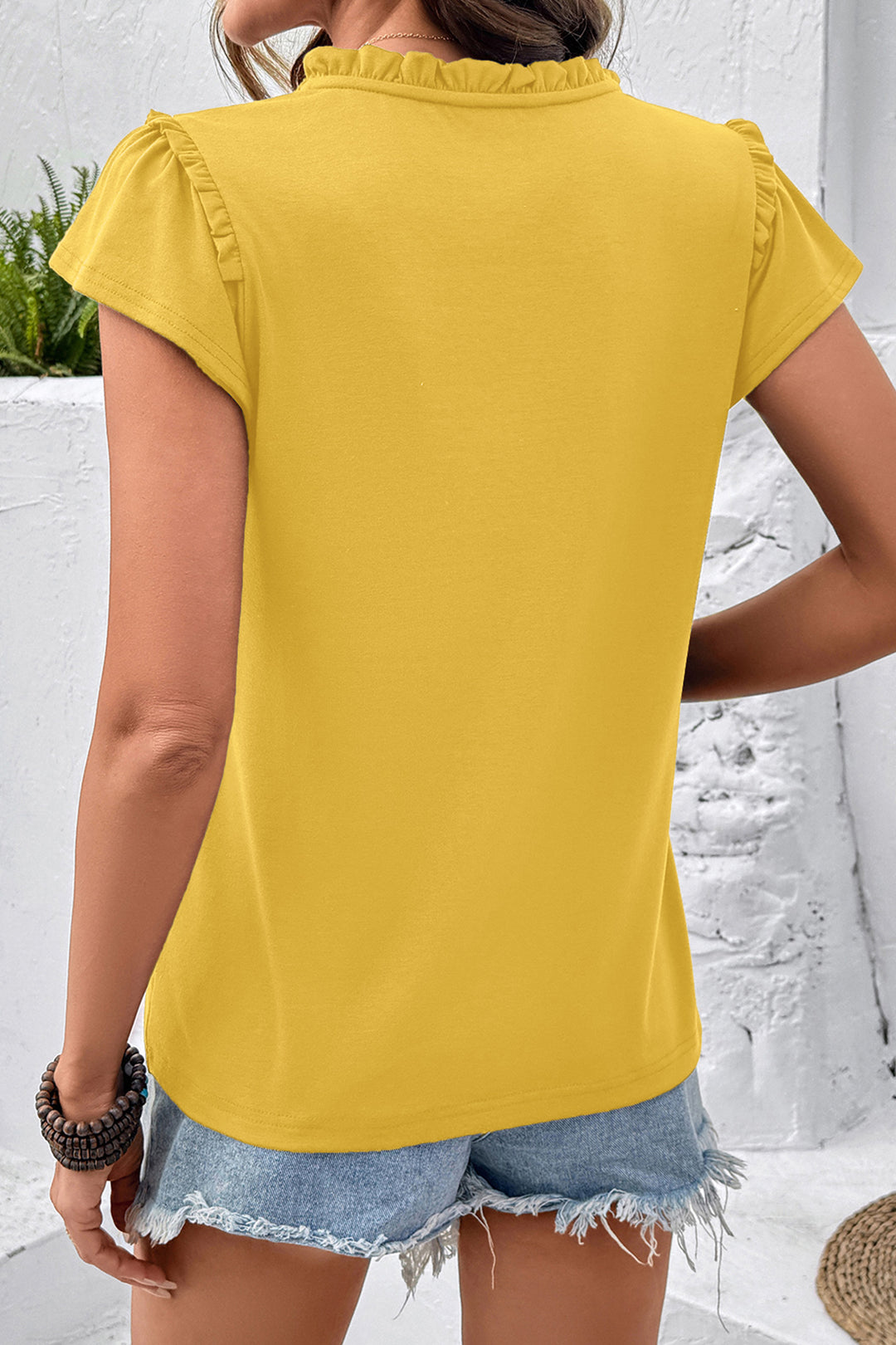 Yellow Sheer Lace Splicing Split Neck Ruffle Short Sleeve Blouse