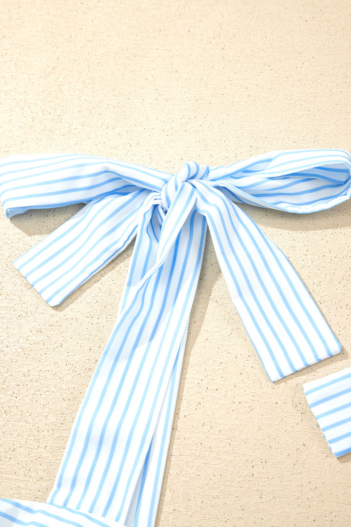 Sky Blue Floral Striped Patchwork Knot Straps 2pcs Short Set