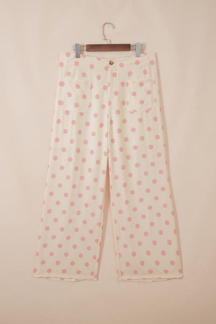 White Polka Dot Print Patched Pocket Mid-rise Straight Leg Pants