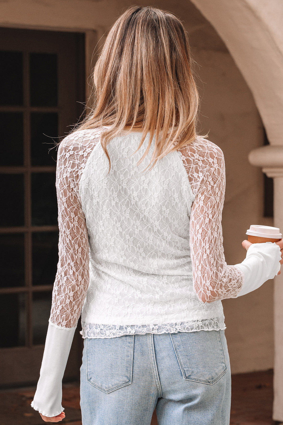 Sheer Lace Long Sleeve Slim Henley Top