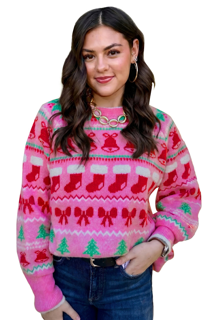 Pink Christmas Holiday Graphic Round Neck Knit Sweater