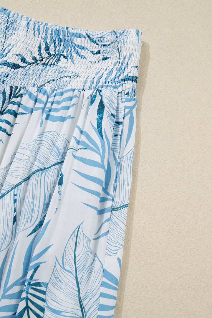 Sky Blue Botanic Print Shirred Waistband Wide Leg Pants