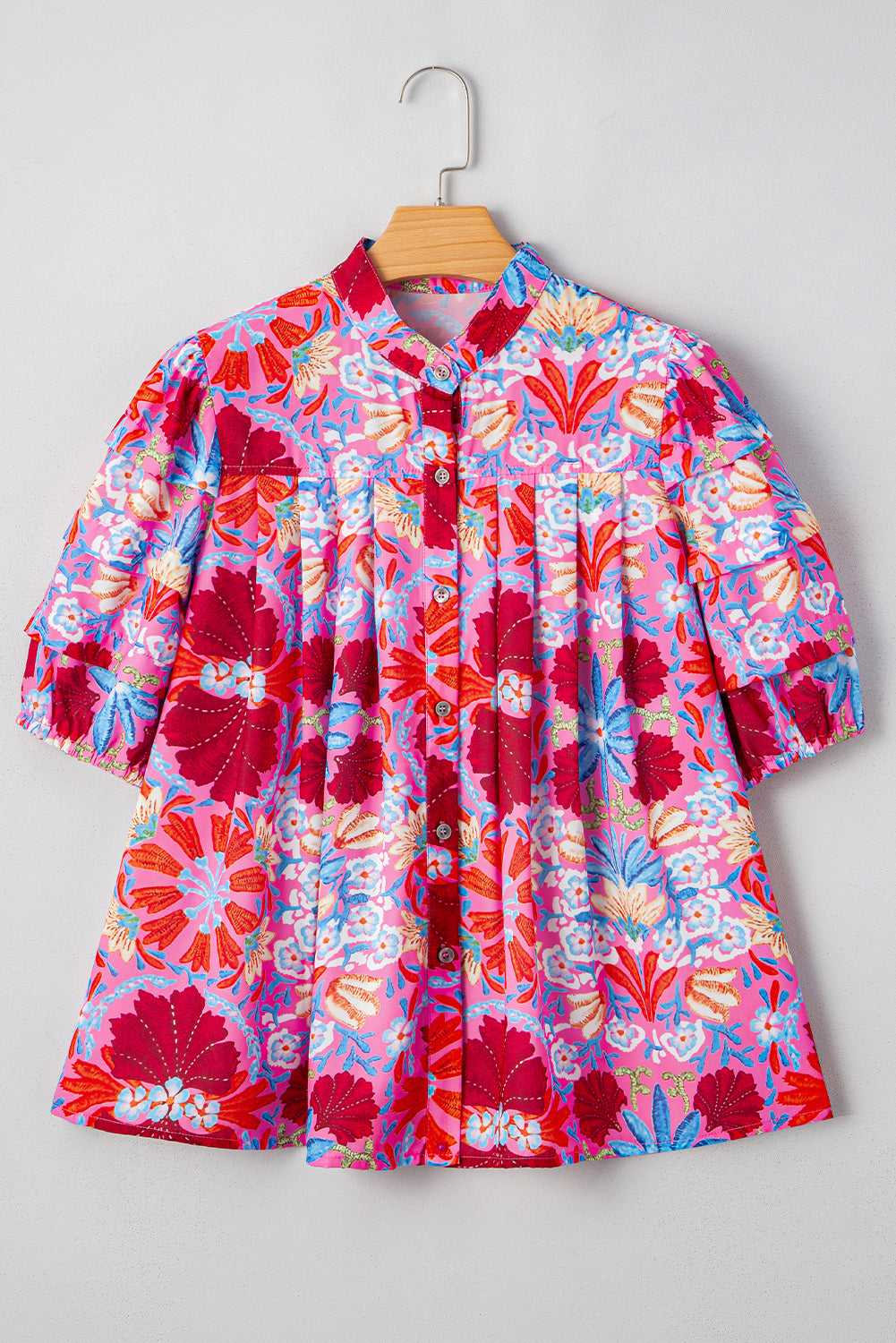 Floral Print Bubble Sleeve Button Up Pleated Shirt