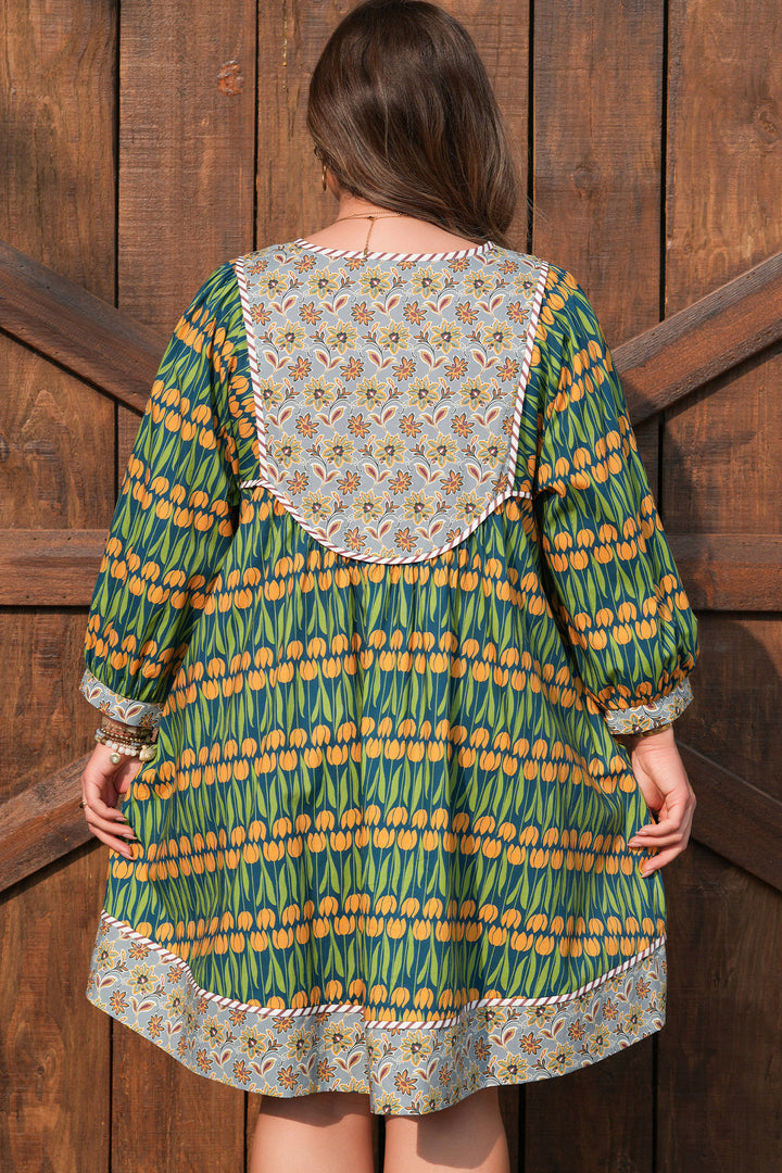 Green Plus Size Mixed Floral Print Striped Trim Loose Cotton Mini Dress