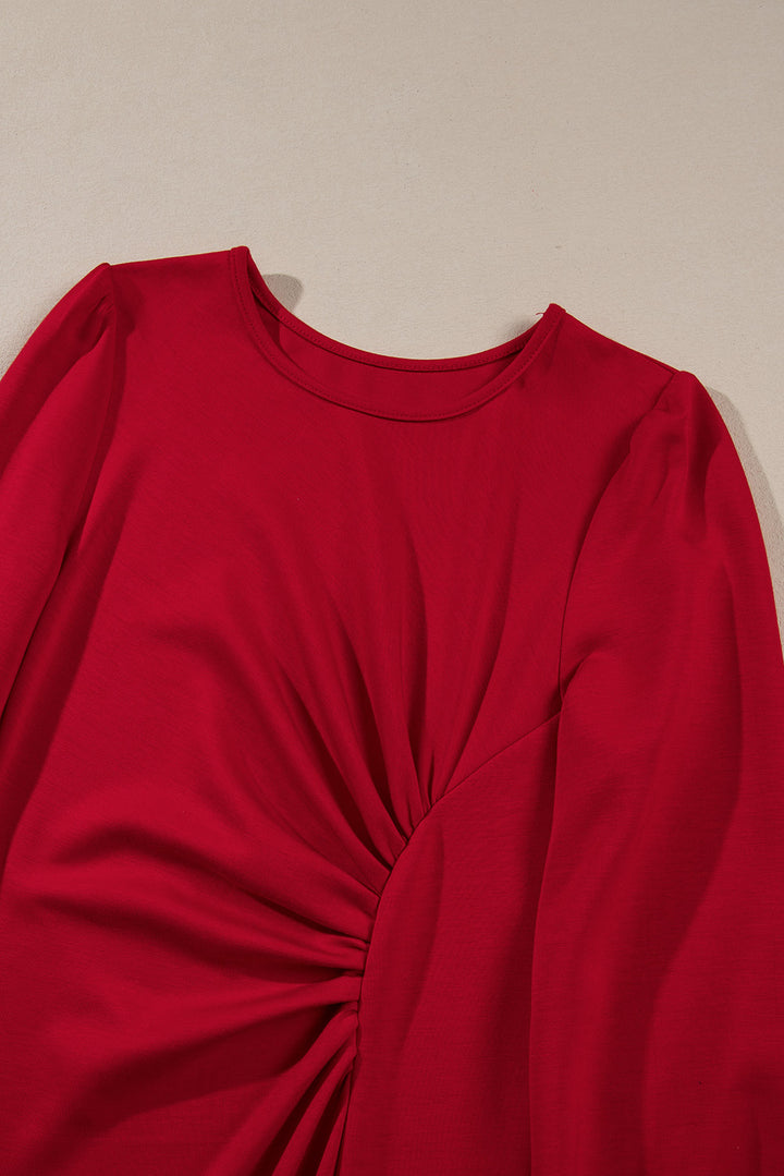Fiery Red Solid Color Ruched Detail Long Sleeve Midi Dress