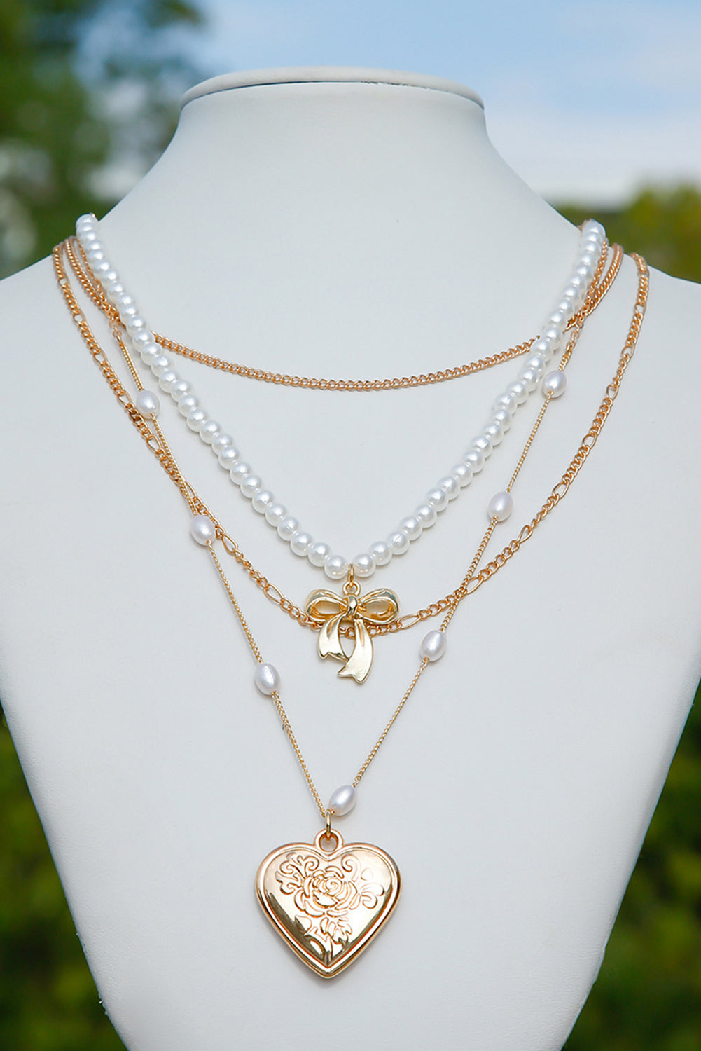 Plated Bow Heart Pendant Pearl Beading Multilayer Necklace