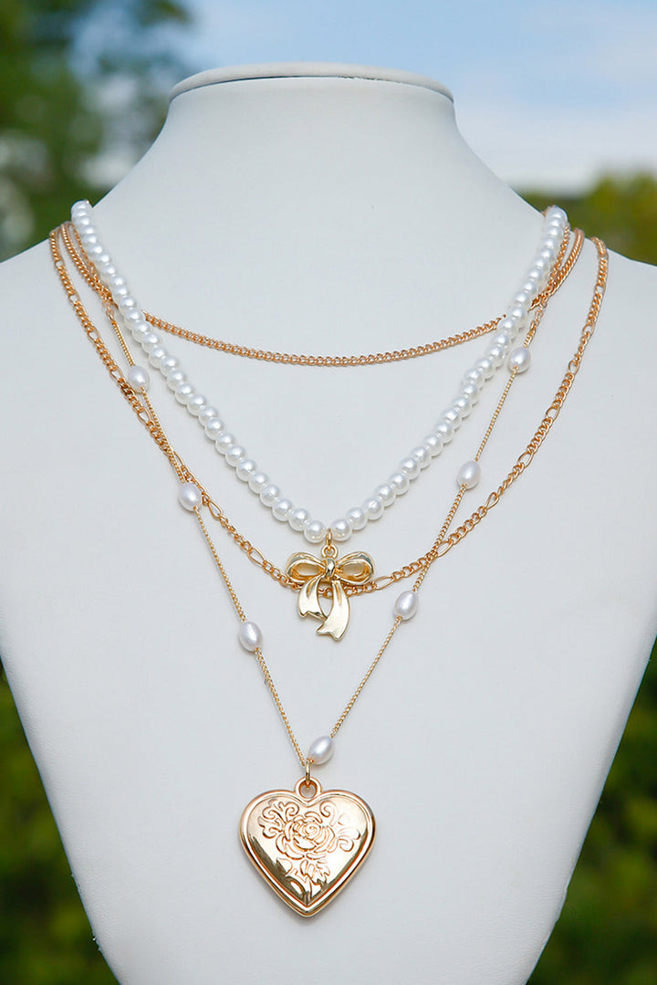Plated Bow Heart Pendant Pearl Beading Multilayer Necklace