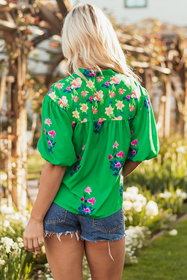floral detail tie split neck short sleeve blouse