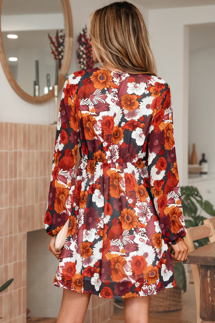 Floral Print Wrap V Neck Puff Sleeve Flowy Mini Dress