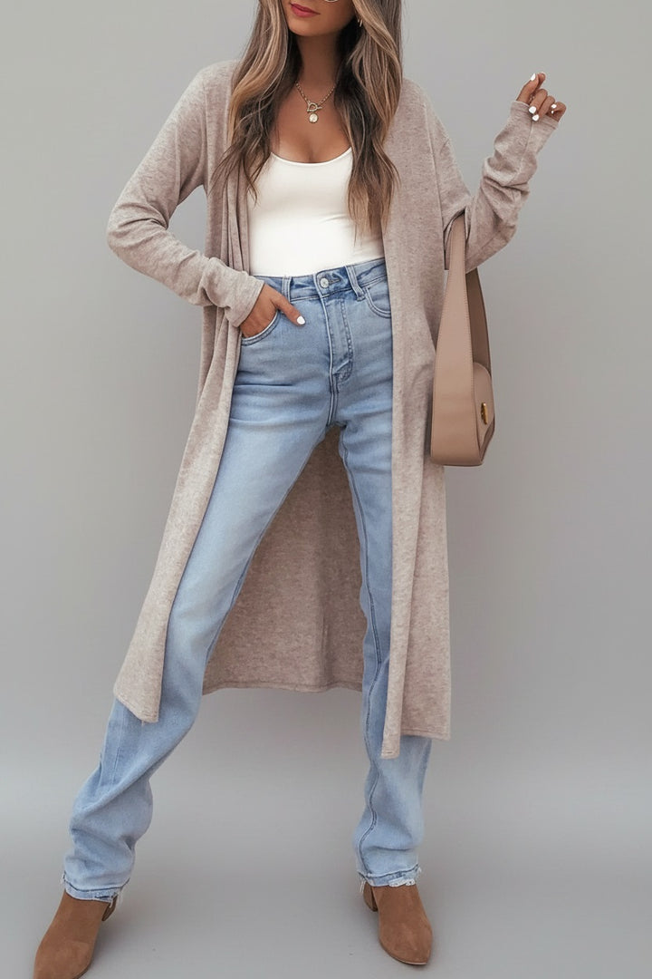 Parchment Solid Color Long Sleeve Casual Tunic Shift Cardigan