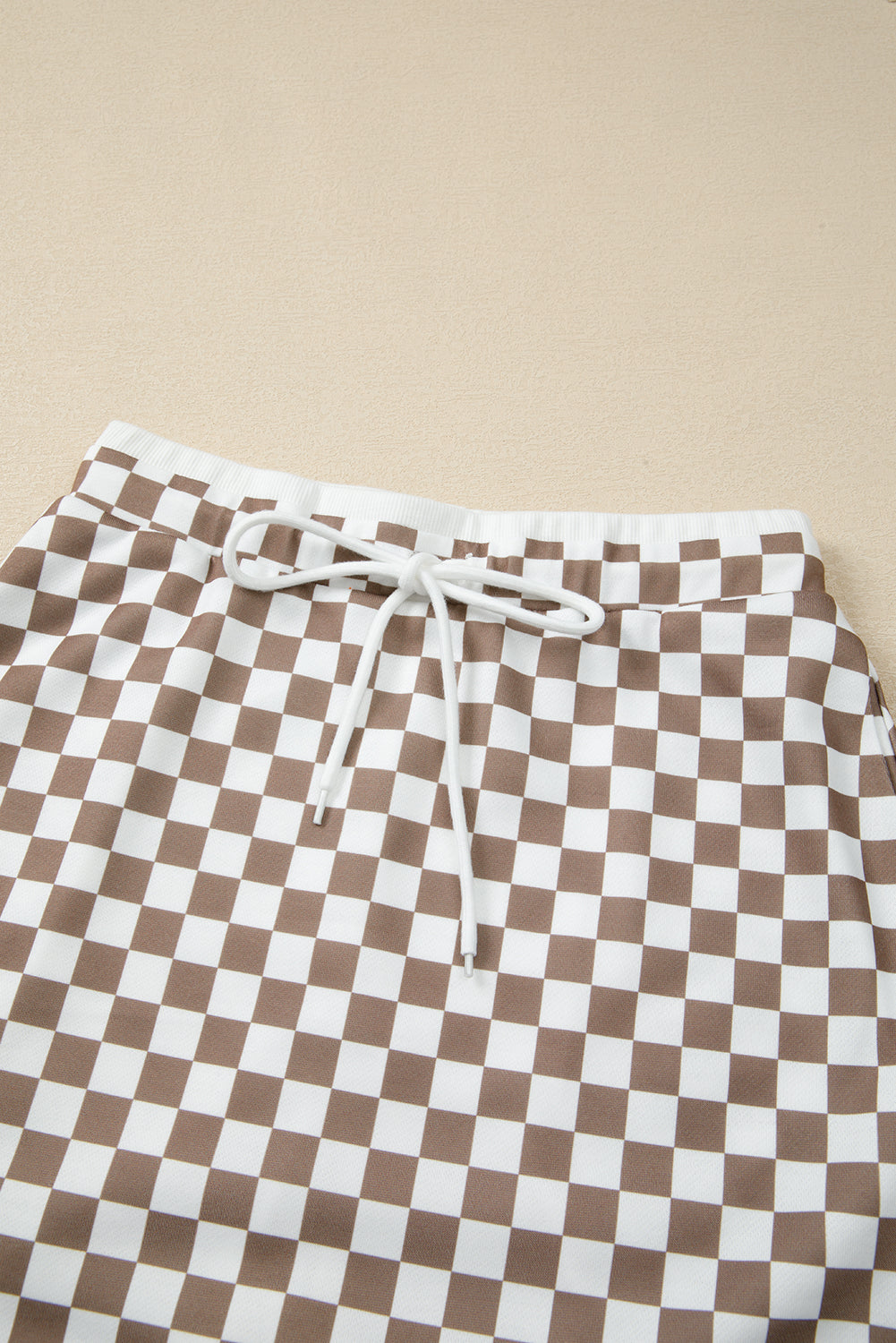 Khaki Checkered Print Polo Collar Cropped Top Drawstring Mini Skirt Set