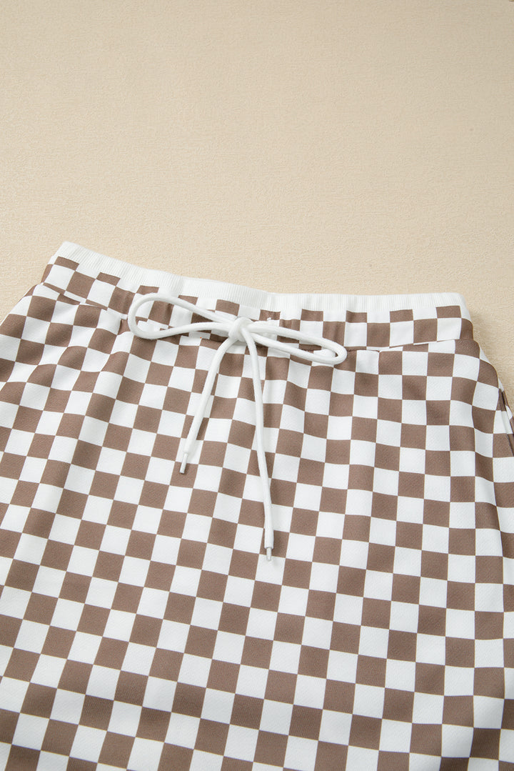 Khaki Checkered Print Polo Collar Cropped Top Drawstring Mini Skirt Set