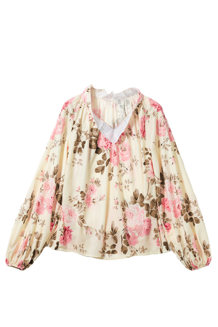 Floral Print Lantern Sleeve V-Neck Blouse