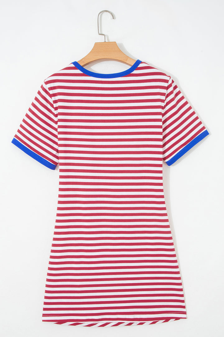 Red Nautical Tie Contrast Trim Round Neck T Shirt Mini Dress