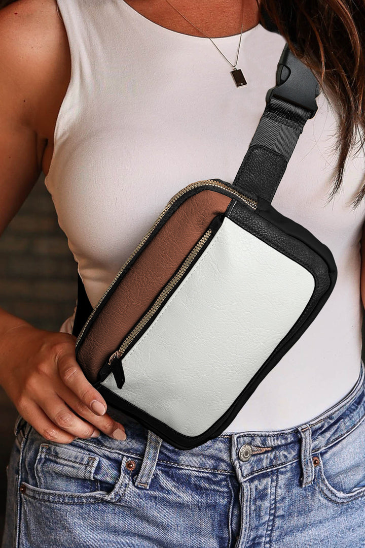 Leather Colorblock Zipped Removable Clip Crossbody Bag