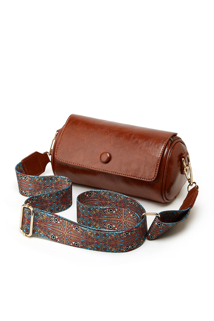 PU Leather Flap Shoulder Bag with Retro Print Wide Strap