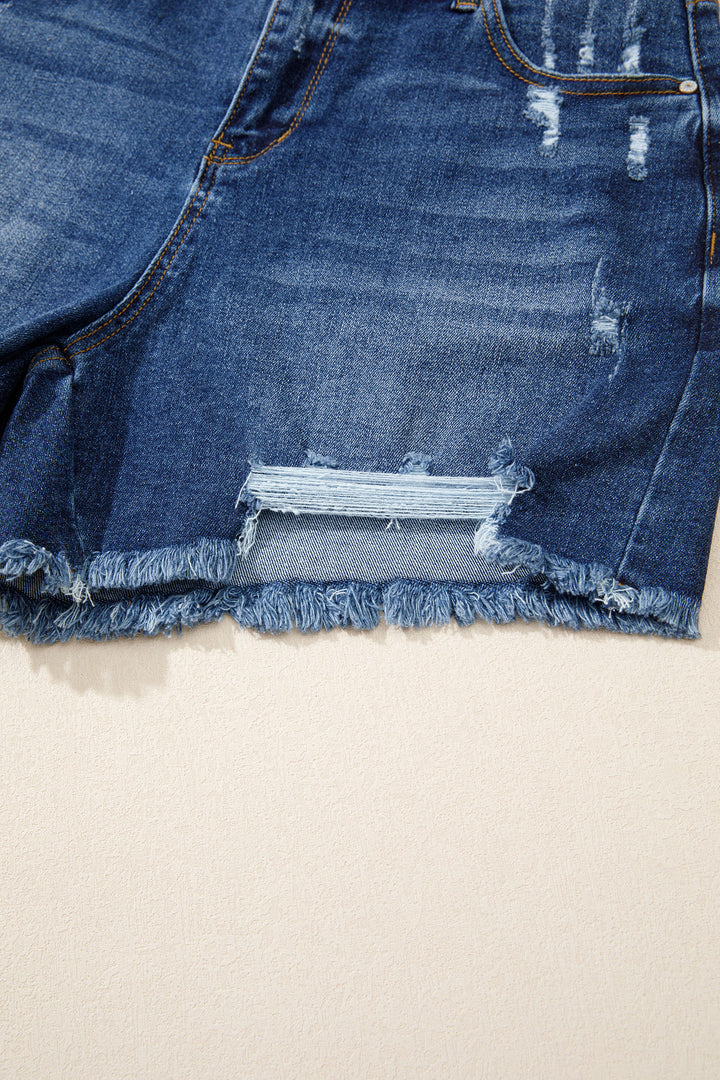 Sail Blue Asymmetric Raw Hem Distressed Whiskery Denim Shorts