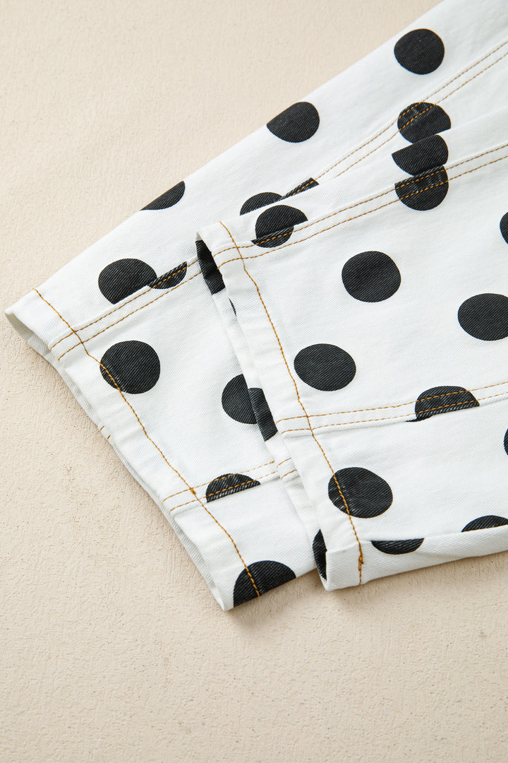 White Polka Dot Print Bow Detail Pocketed Barrel Jeans