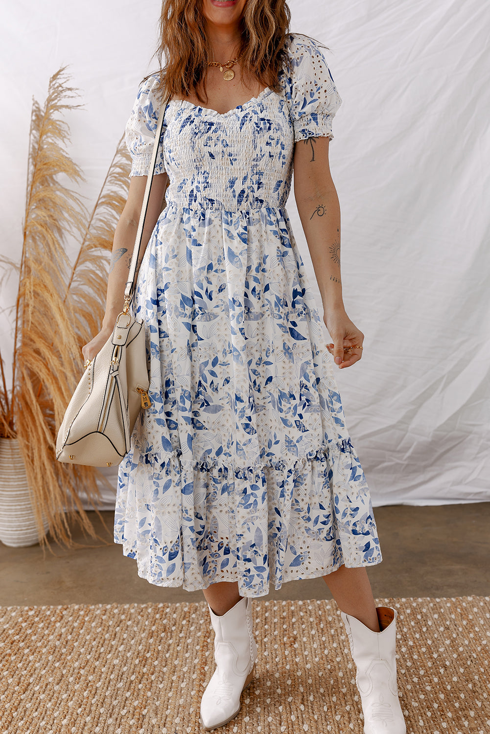 Smocked Bodice Short Puff Sleeve Tiered Floral Midi Dress