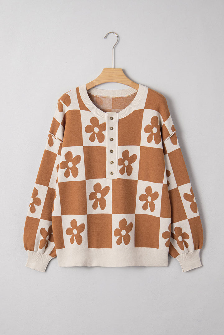 Thai Curry Flower Plaid Henley Baggy Sweater