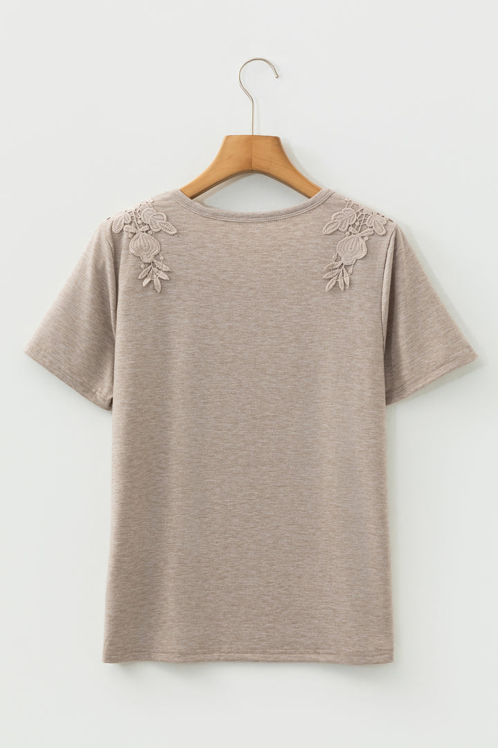 Smoke Gray Solid Color Lace Patched Detail Round Neck Tee