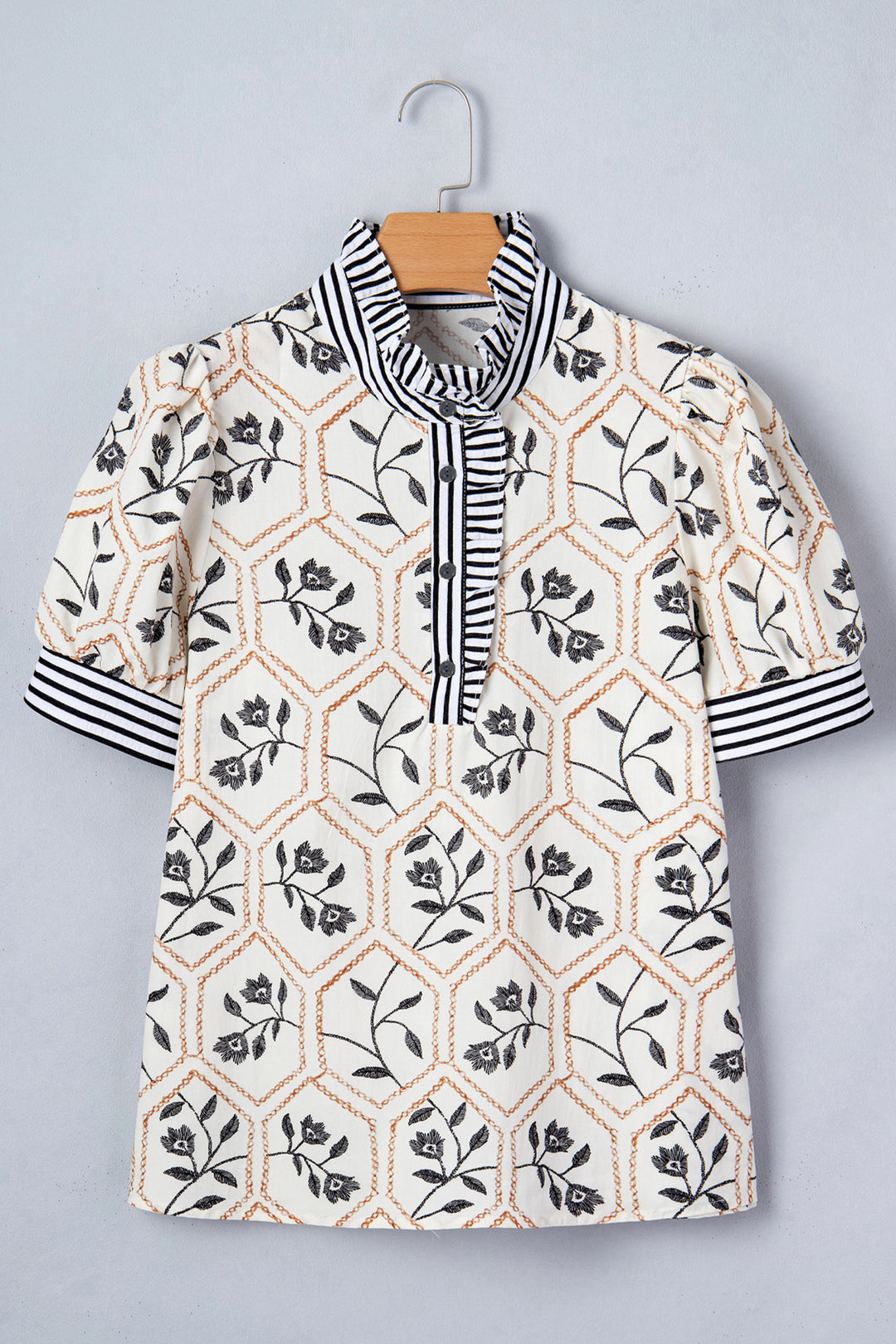 Floral Print Striped Patchwork Button Neck Short Sleeve Blouse