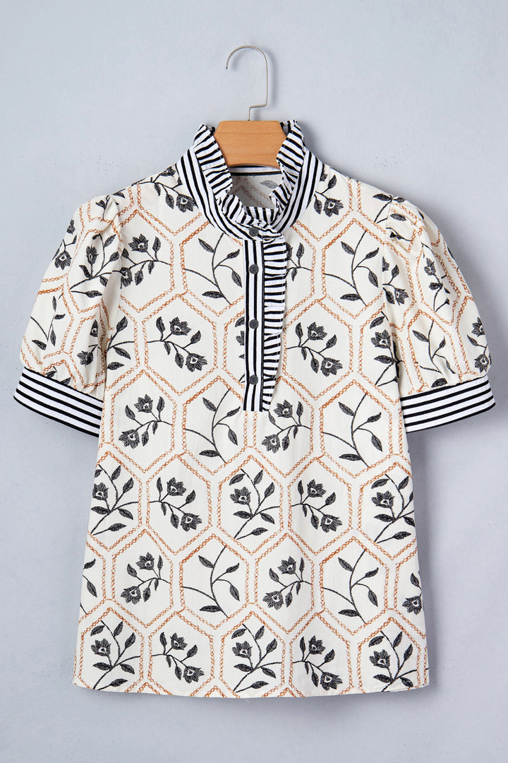 Floral Print Striped Patchwork Button Neck Short Sleeve Blouse