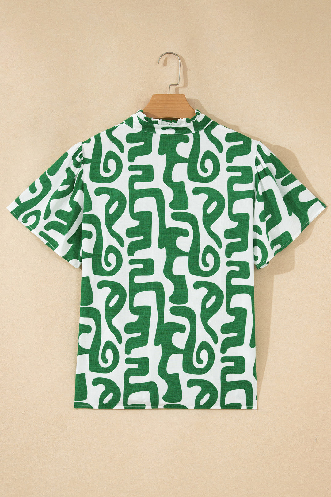 Green Abstract Print Striped Trim V Neck Short Sleeve Blouse