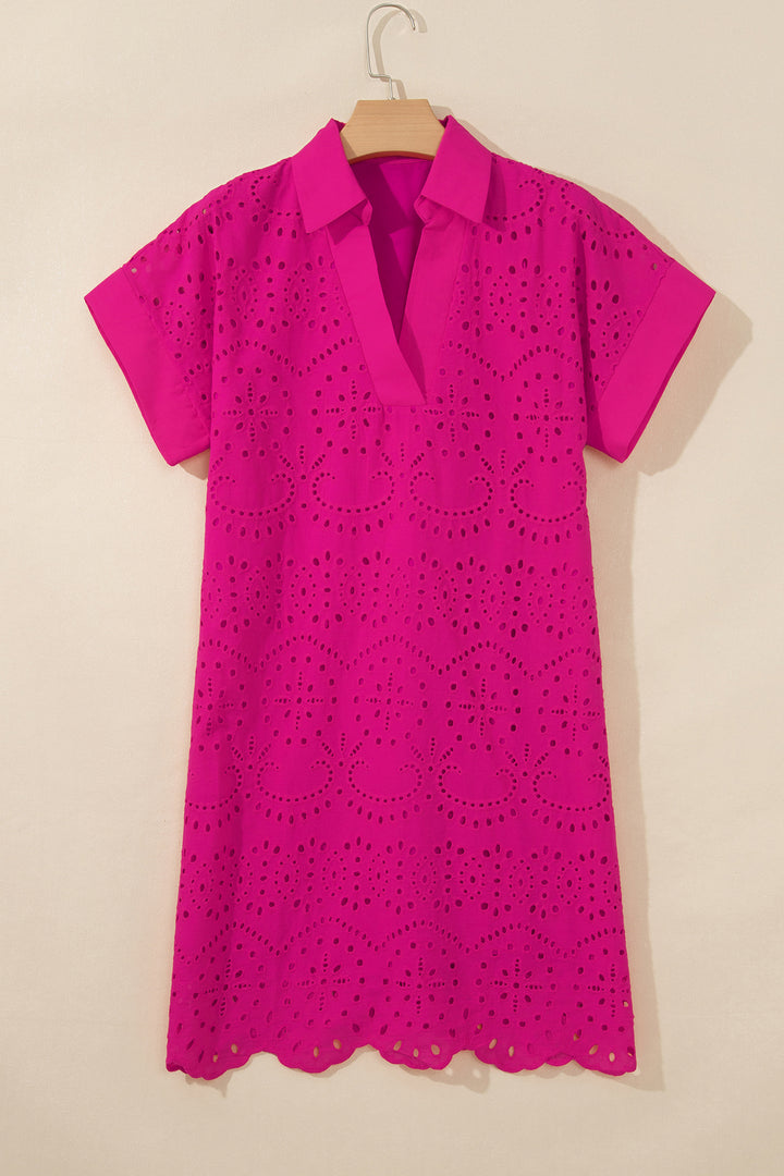 Chic Rose Red Solid Color Eyelet Embroidered Mini Dress