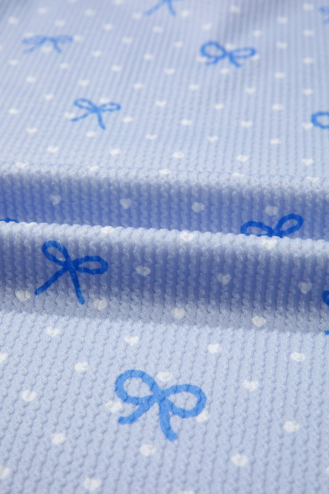 Sky Blue Tiny Heart Bow Print Twisted Rib Loose 2pcs Short Set