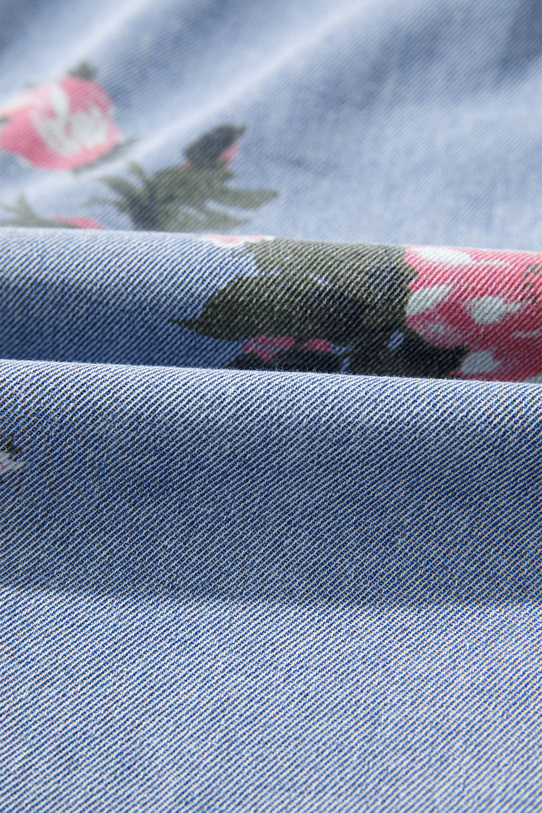 Sky Blue Denim Floral Print Cuffed Short Sleeve Shift Dress