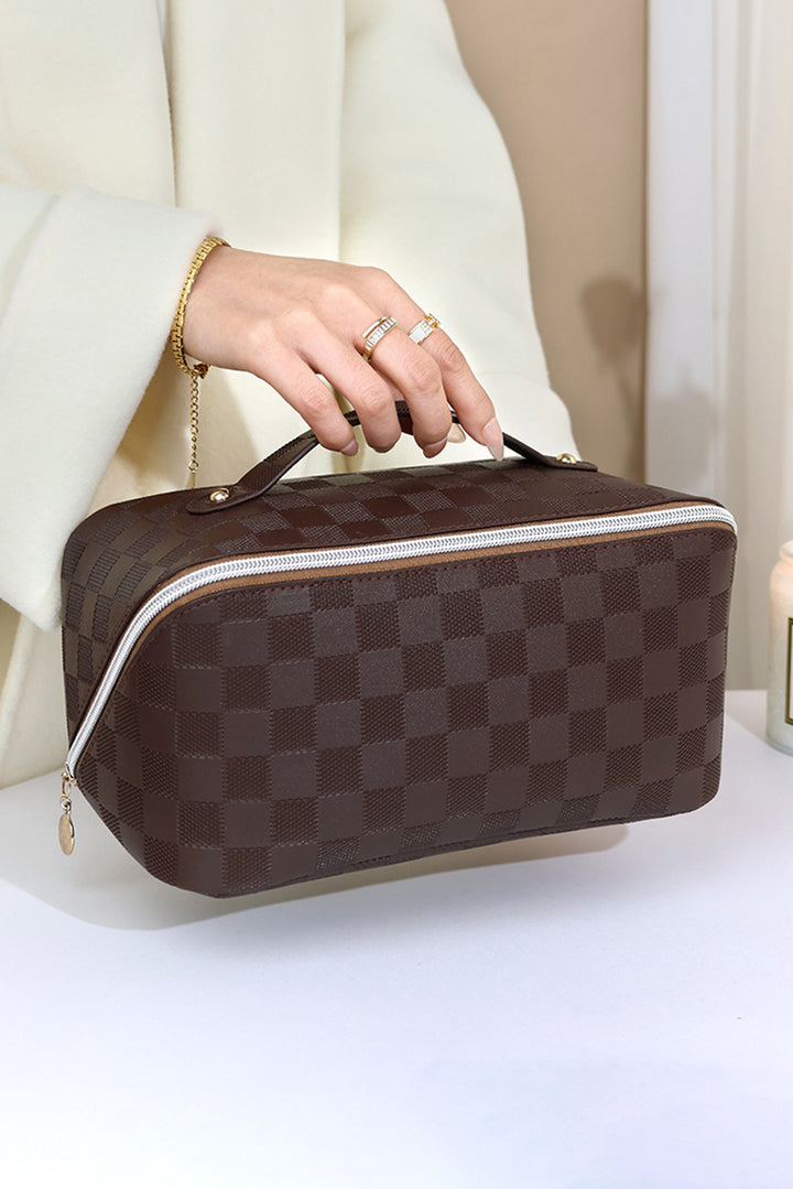 Checkered Zipper Handle PU Leather Travel Makeup Bag