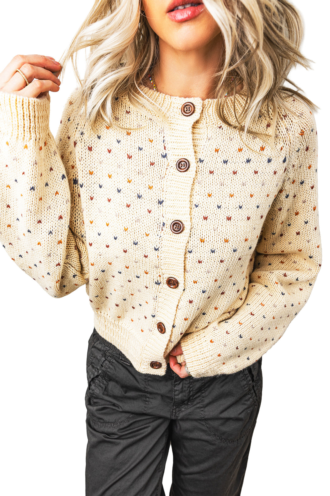 Beige Geometric Print Button Front Regular Fit Cardigan