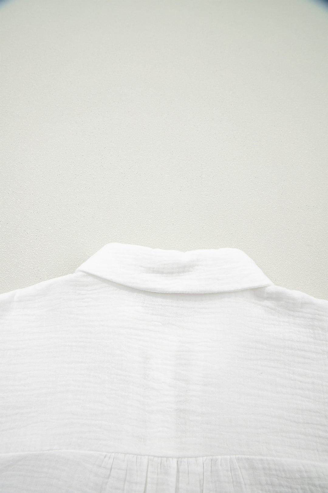 White Lace Trim Cuffed Short Sleeve Textured Shirt
