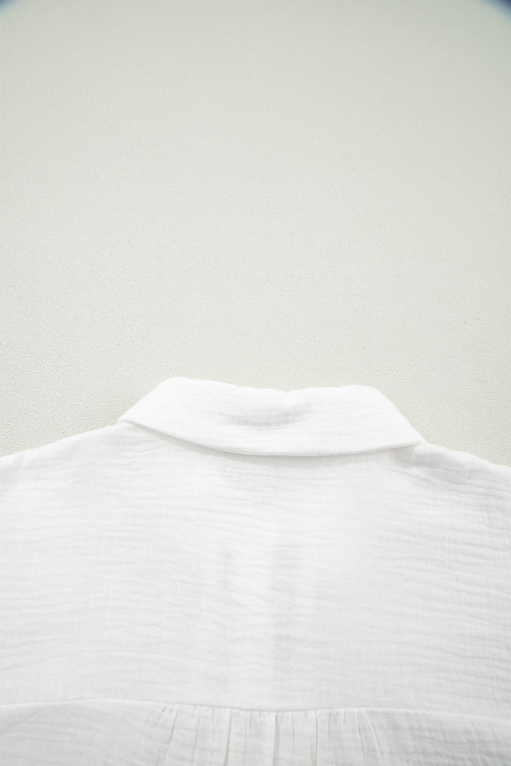 White Lace Trim Cuffed Short Sleeve Textured Shirt