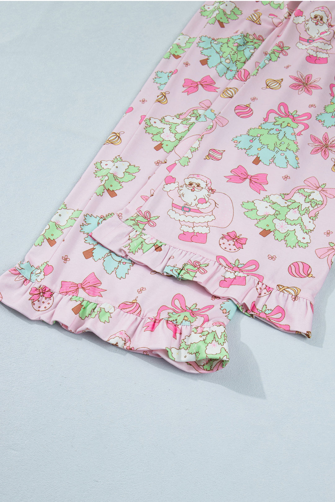 Pink Christmas Print Button Front Long Sleeve Lounge Set